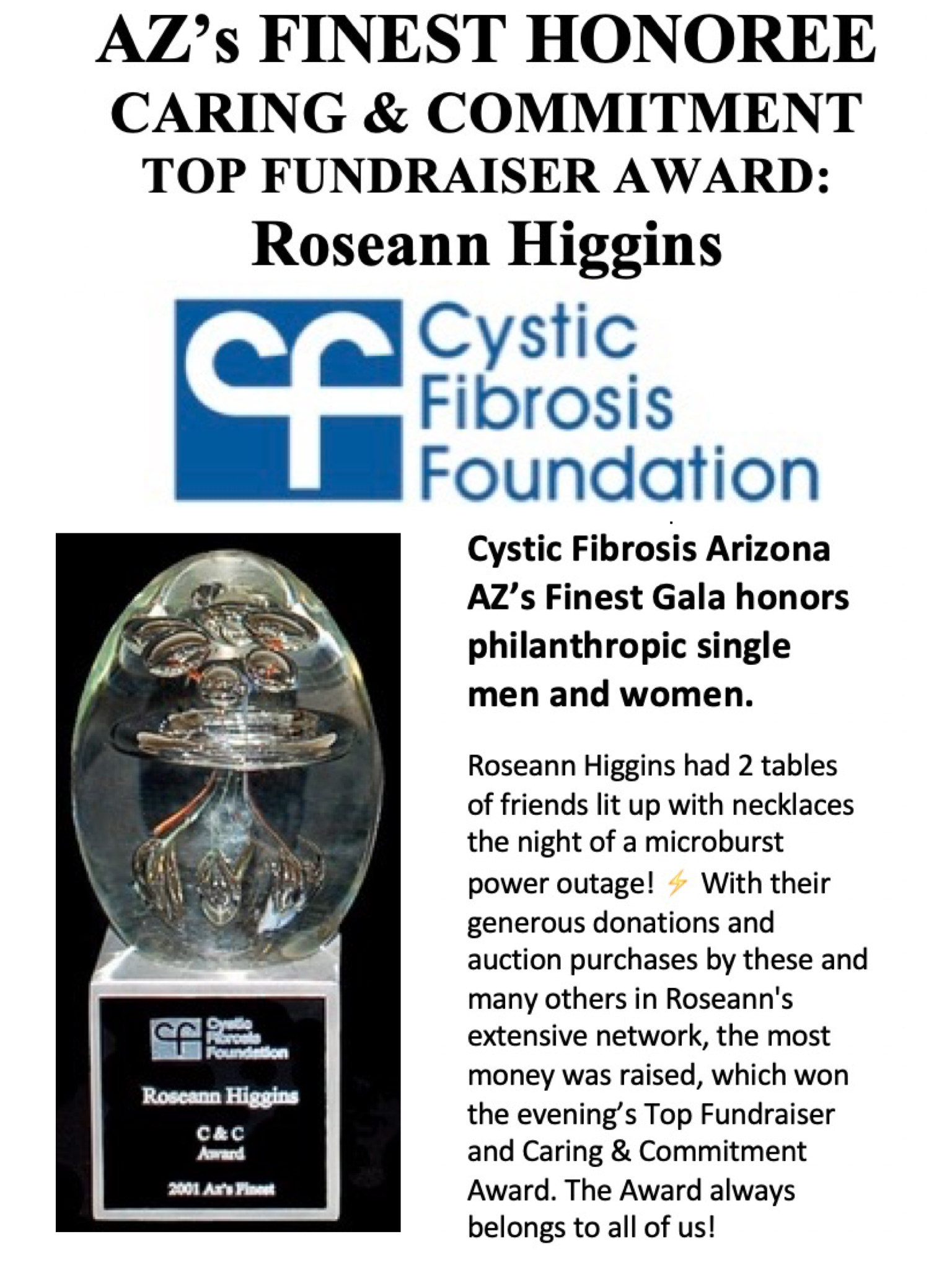 AZ's Finest, Arizona's Finest, Honoree, top fundraiser, Award, Roseann Higgins, fundraising, community involvement, find a cure, CF, Cystic Fibrosis Foundation, Cystic Fibrosis, philanthropy, philanthropic, singles, single men, single women,